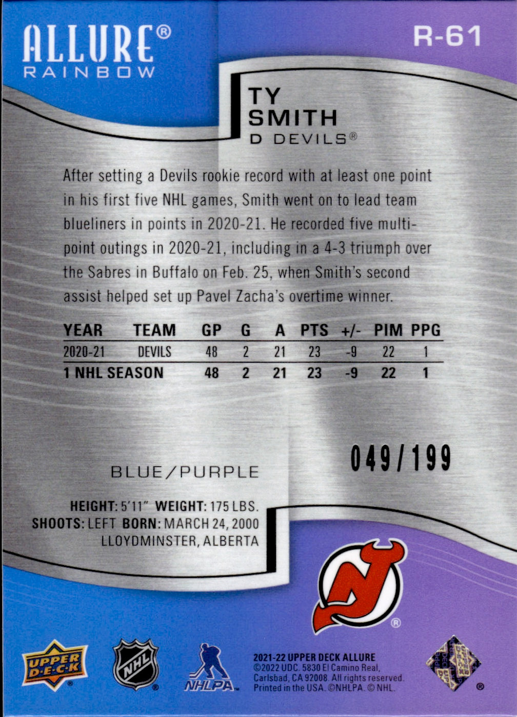 2021-22 Upper Deck Allure Hockey Rainbow Blue Purple /199 #R-61 Ty Smith - New Jersey Devils