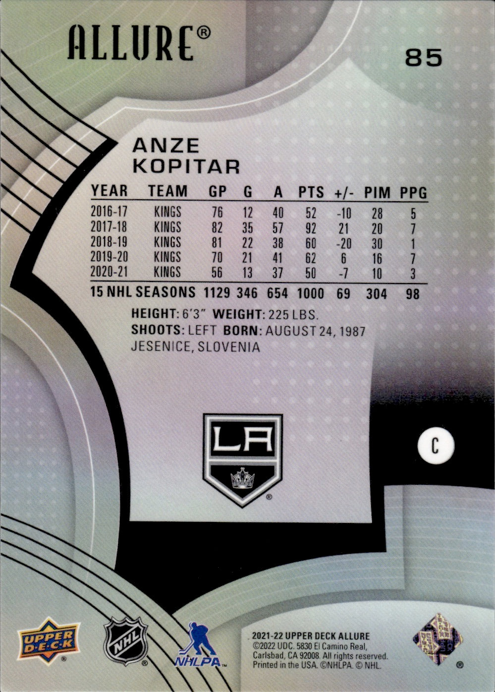 2021-22 Upper Deck Allure Hockey #85 Anze Kopitar - Los Angeles Kings