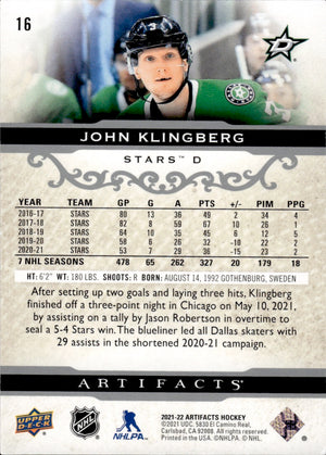 2021-22 Upper Deck Artifacts Hockey Base #16 John Klingberg - Dallas Stars