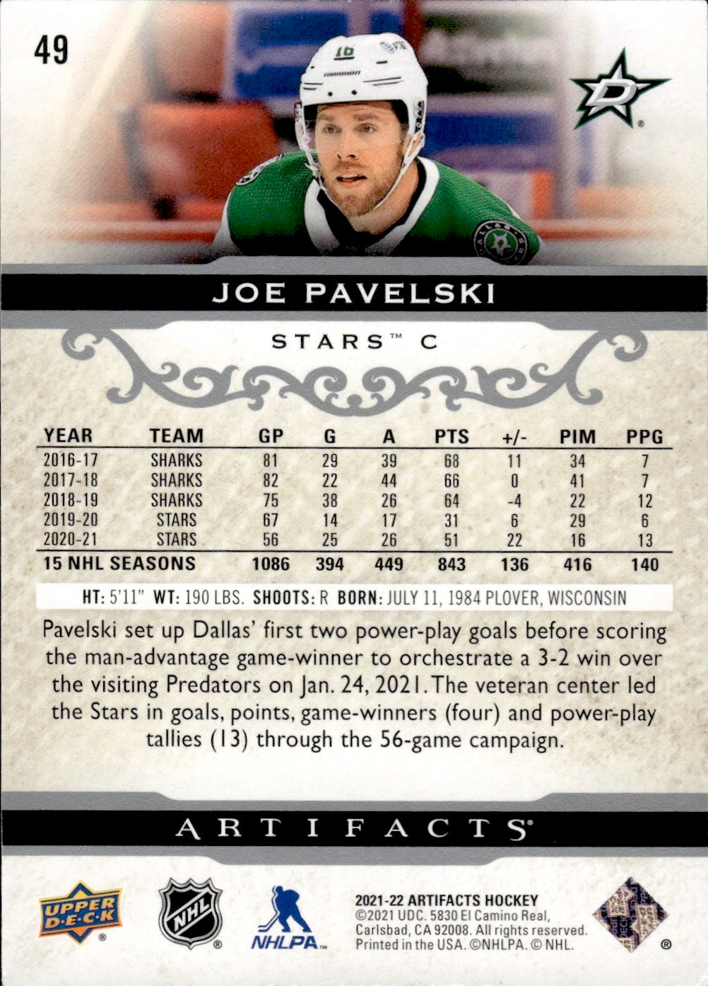 2021-22 Upper Deck Artifacts Hockey Base #49 Joe Pavelski - Dallas Stars