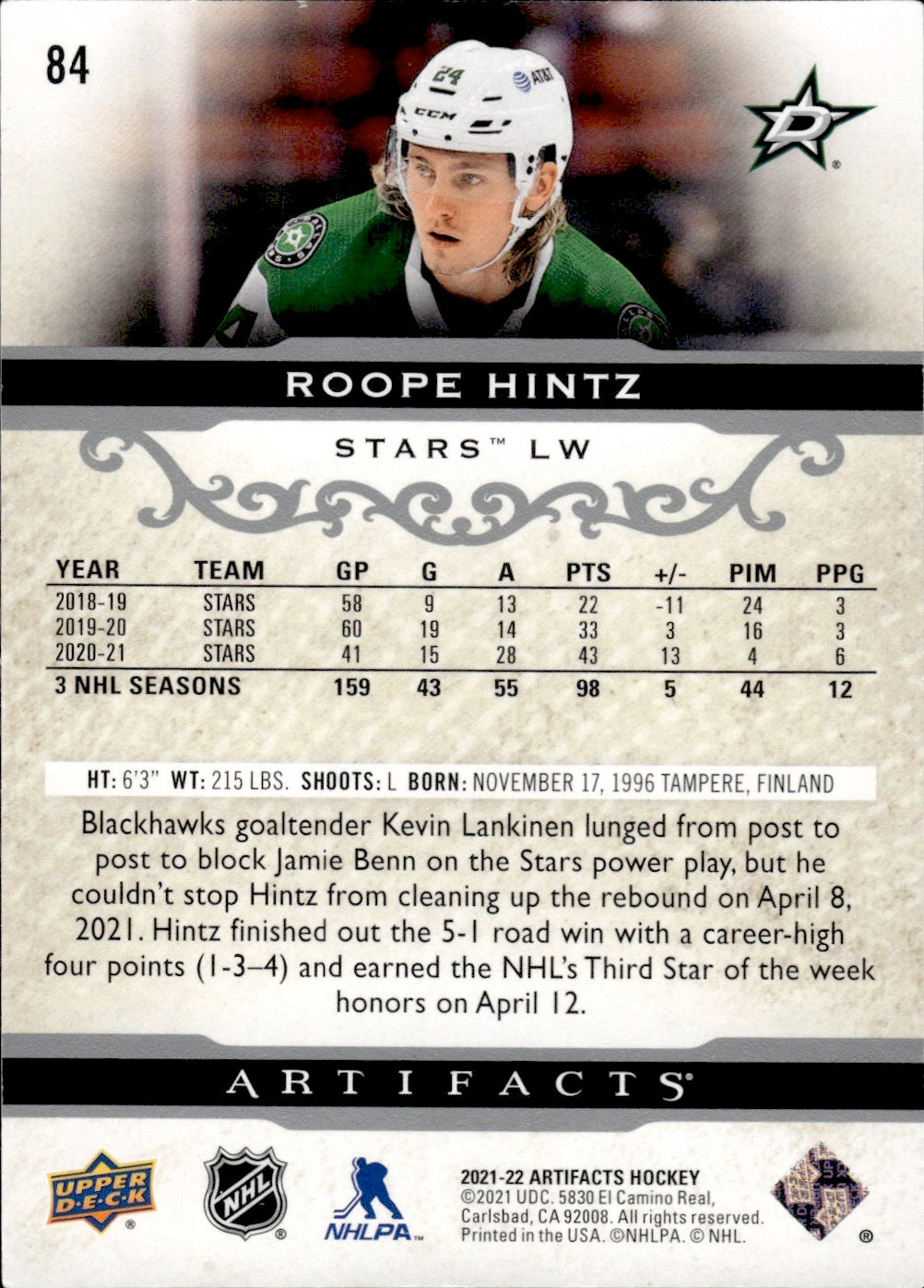 2021-22 Upper Deck Artifacts Hockey Base #84 Roope Hintz - Dallas Stars