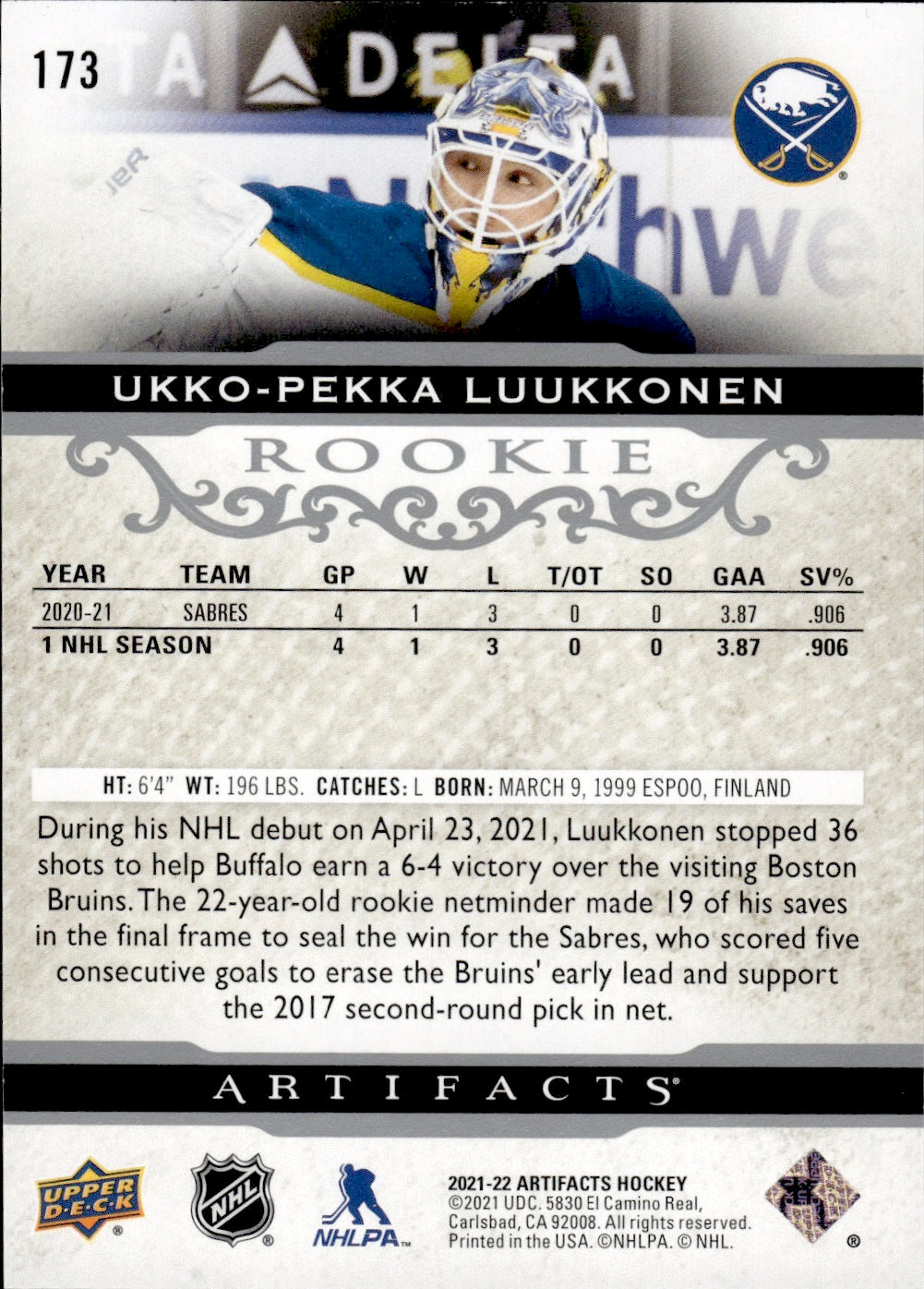 2021-22 Upper Deck Artifacts Hockey Rookie /299 #173 Ukko-Pekka Luukkonen - Buffalo Sabres