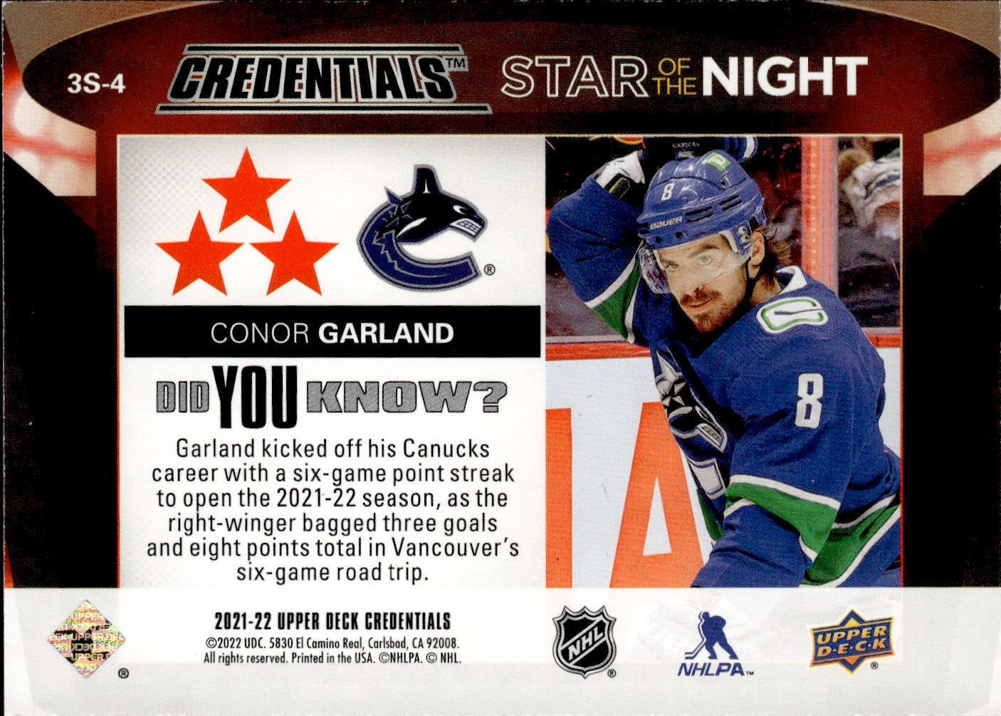 2021-22 Upper Deck Credentials Hockey - 3rd Star Of The Night #3S-4 Conor Garland - Vancouver Canucks