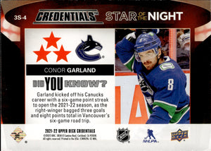 2021-22 Upper Deck Credentials Hockey - 3rd Star Of The Night #3S-4 Conor Garland - Vancouver Canucks
