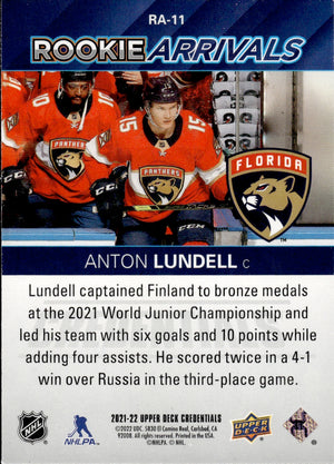 2021-22 Upper Deck Credentials Hockey - Rookie Arrivals #RA-11 Anton Lundell - Florida Panthers