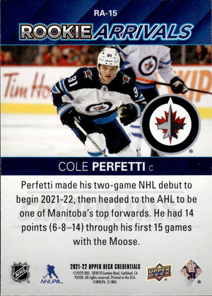 2021-22 Upper Deck Credentials Hockey Rookie Arrivals #RA-15 Cole Perfetti - Winnipeg Jets