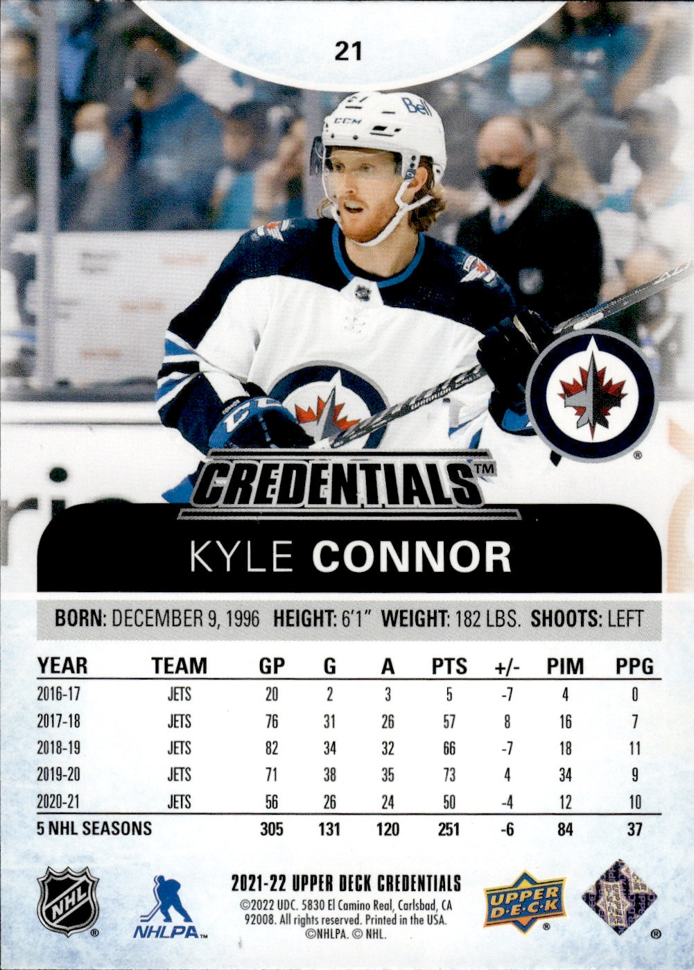 2021-22 Upper Deck Credentials Hockey #21 Kyle Connor - Winnipeg Jets