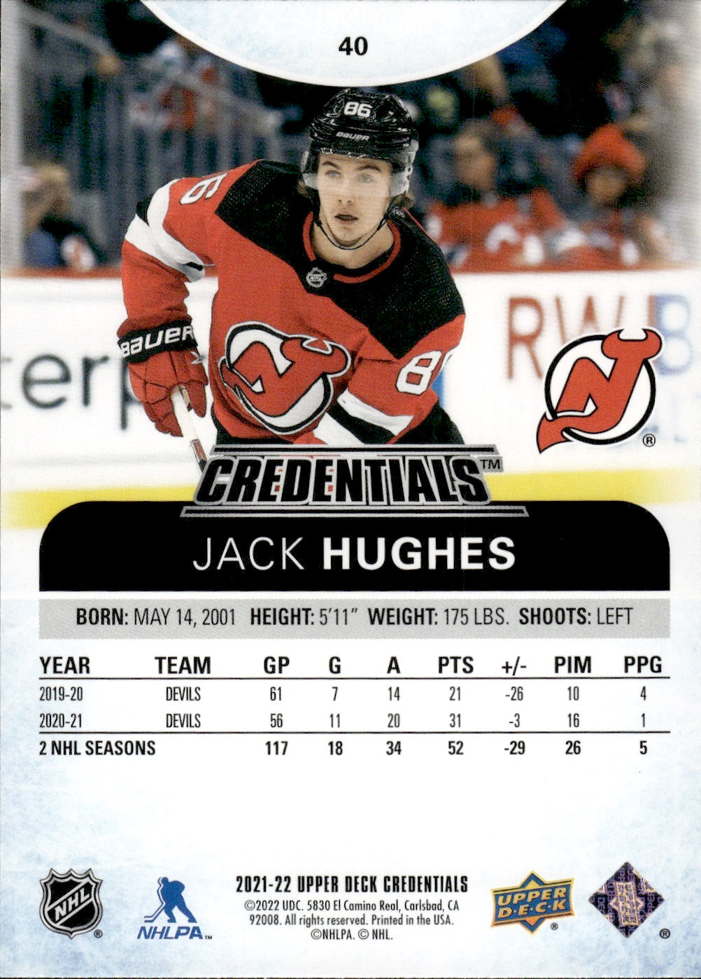 2021-22 Upper Deck Credentials Hockey Base #40 Jack Hughes - New Jersey Devils