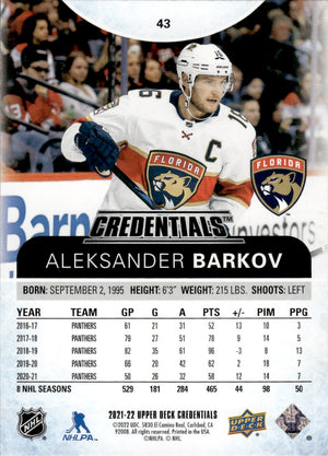 2021-22 Upper Deck Credentials Hockey Base #43 Alexander Barkov - Florida Panthers