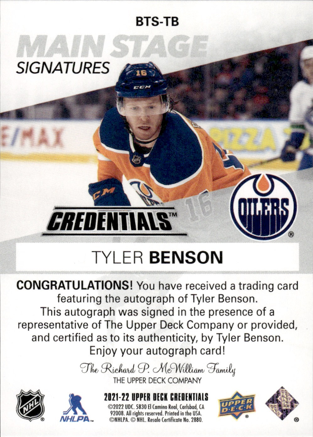2021-22 Upper Deck Credentials Hockey Main Stage Signatures #BTS-TB Tyler Benson - Edmonton Oilers