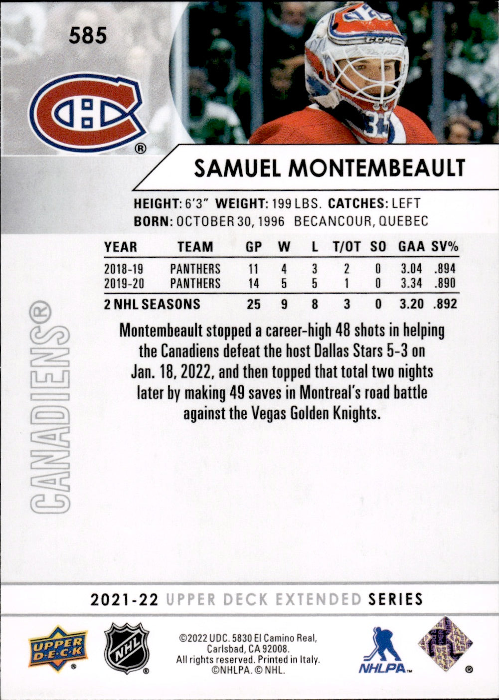 2021-22 Upper Deck Extended Series Hockey Base #585 Samuel Montembeault - Montreal Canadiens