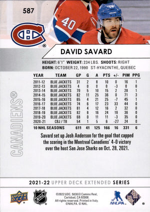 2021-22 Upper Deck Extended Series Hockey Base #587 David Savard - Montreal Canadiens