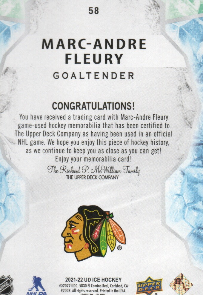 2021-22 Upper Deck Ice Hockey - Base - Jersey Relic #58 Marc Andre Fleury - Chicago Blackhawks