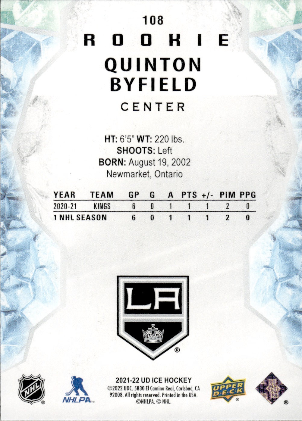 2021-22 Upper Deck Ice Hockey Base Rookies #108 Quinton Byfield - Los Angeles Kings