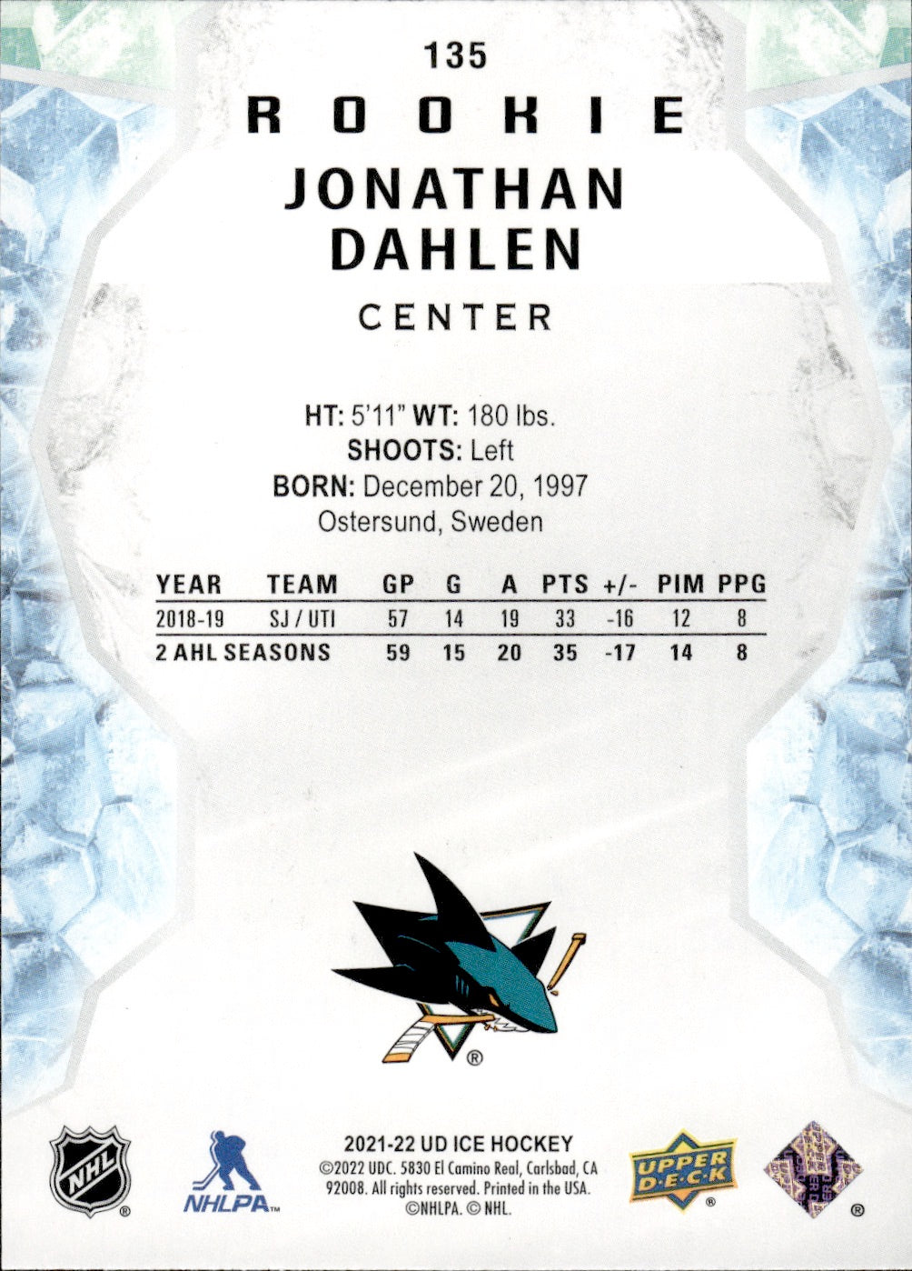 2021-22 Upper Deck Ice Hockey Base Rookies #135 Jonathan Dahlen - San Jose Sharks