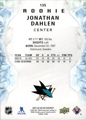 2021-22 Upper Deck Ice Hockey Base Rookies #135 Jonathan Dahlen - San Jose Sharks