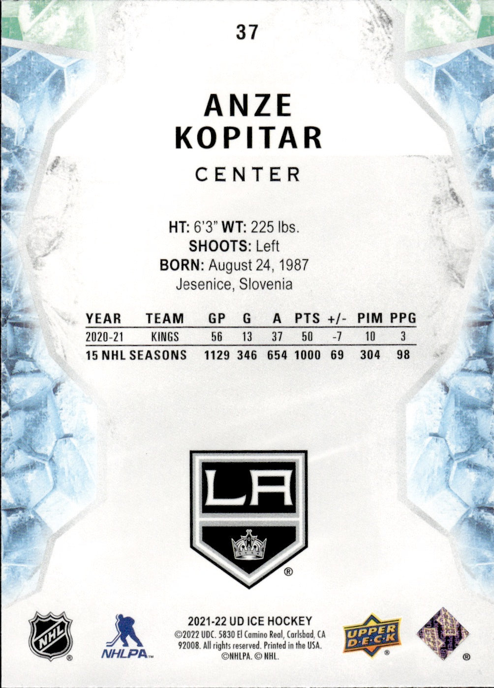 2021-22 Upper Deck Ice Hockey Base #37 Anze Kopitar - Los Angeles Kings