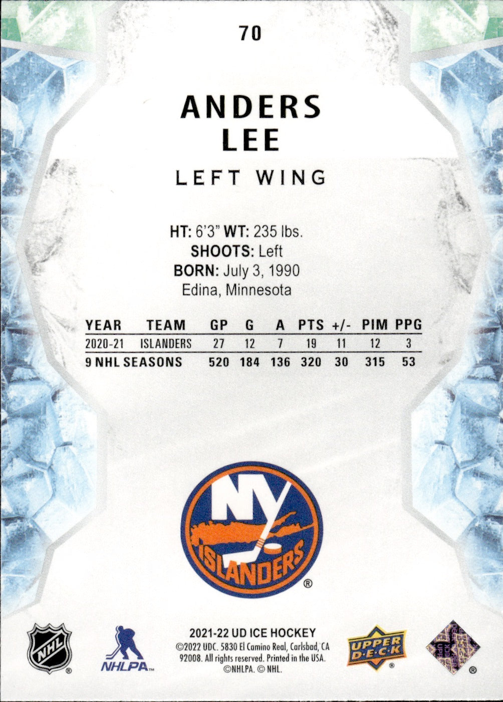 2021-22 Upper Deck Ice Hockey Base #70 Anders Lee - New York Islanders