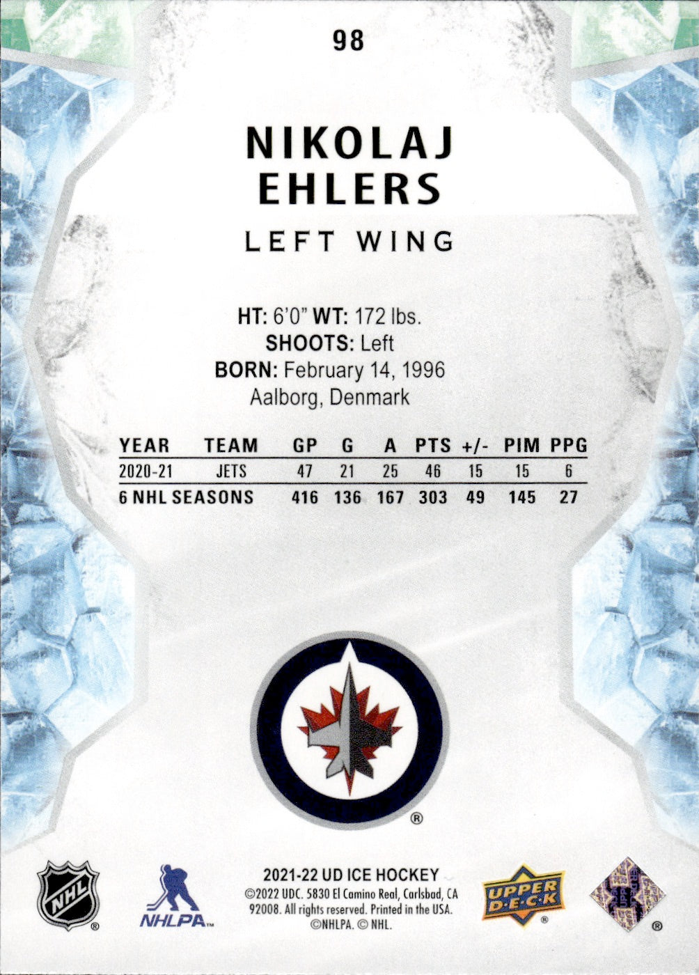 2021-22 Upper Deck Ice Hockey Base #98 Nikolaj Ehlers - Winnipeg Jets