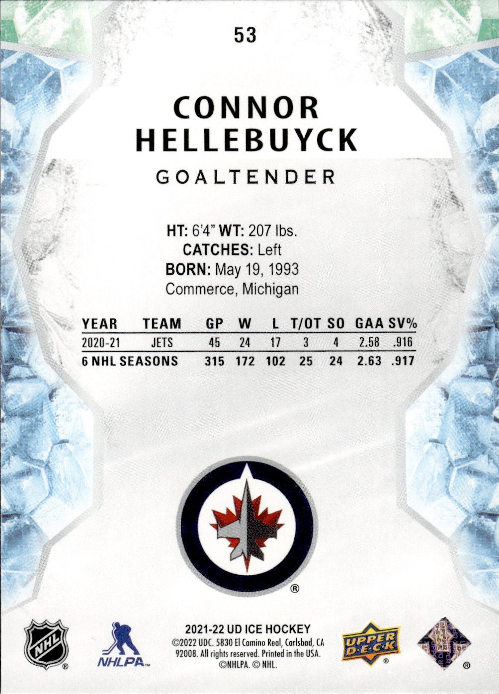 2021-22 Upper Deck Ice Hockey #53 Connor Hellebuyck - Winnipeg Jets