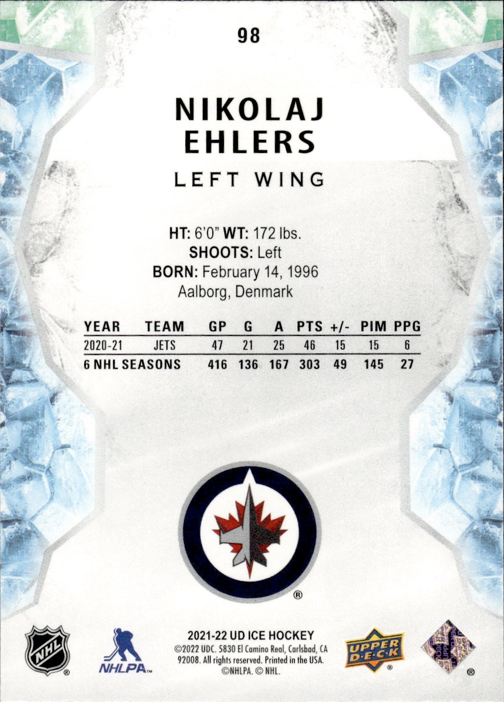 2021-22 Upper Deck Ice Hockey #98 Nikolaj Ehlers - Winnipeg Jets