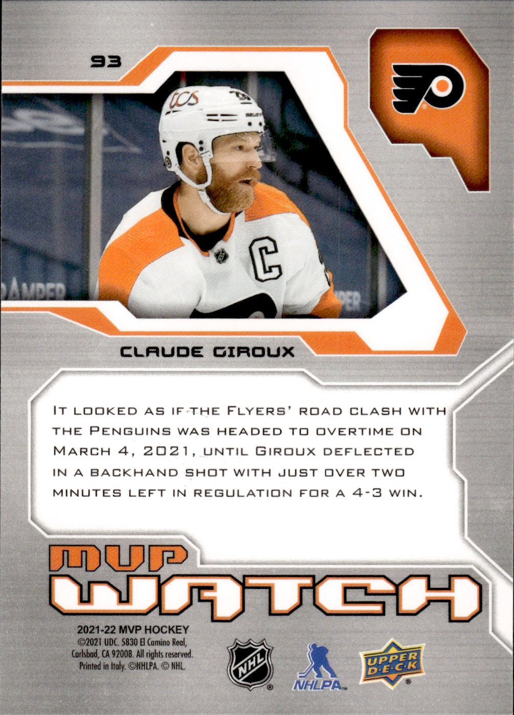 2021-22 Upper Deck MVP Hockey MVP Watch #93 Claude Giroux - Philadelphia Flyers