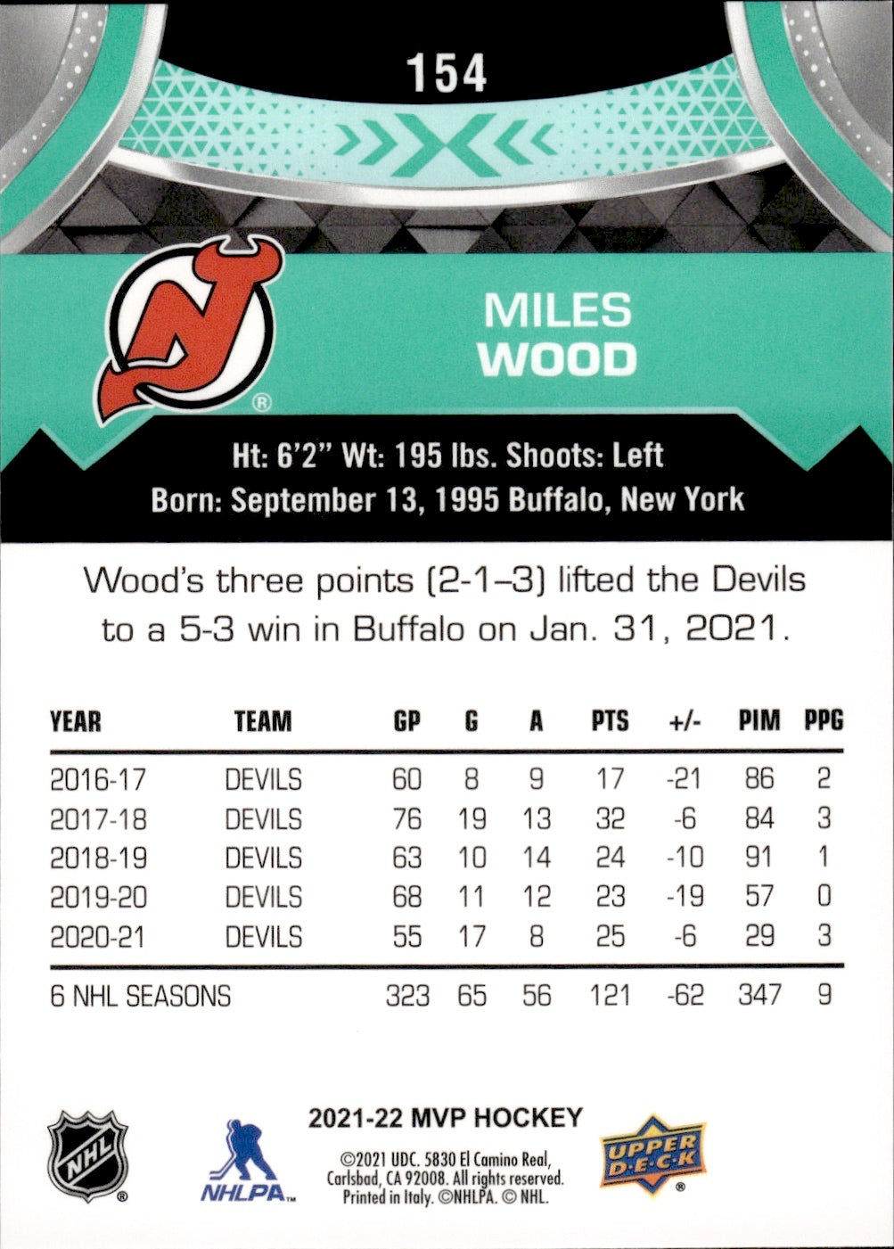 2021-22 Upper Deck MVP Hockey #154 Miles Wood - New Jersey Devils