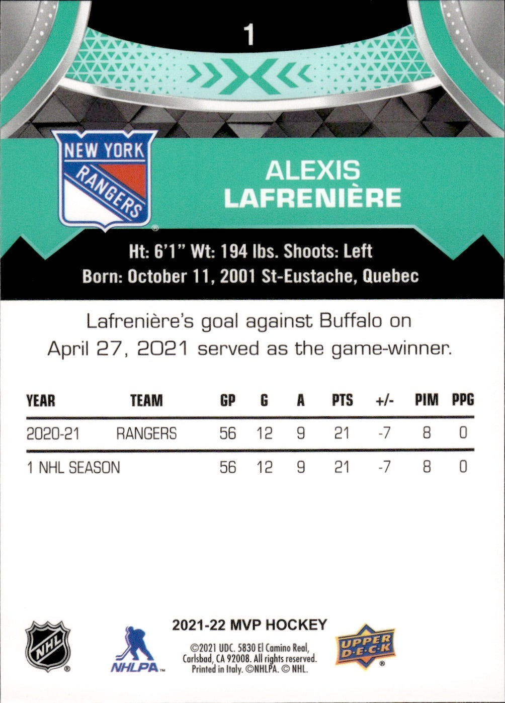 2021-22 Upper Deck MVP Hockey #1 Alexis Lafreniere - New York Rangers