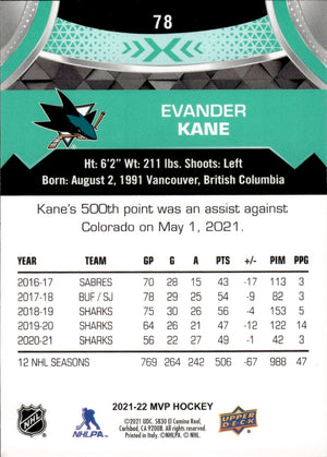 2021-22 Upper Deck MVP Hockey #78 Evander Kane - San Jose Sharks