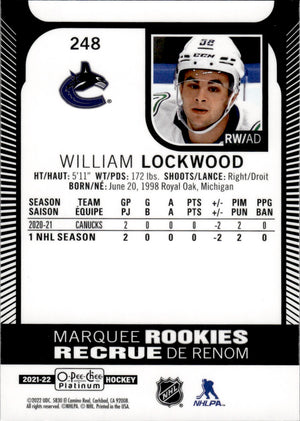 2021-22 Upper Deck O-Pee-Chee Platinum Hockey - Base - Marquee Rookies #248 William Lockwood - Vancouver Canucks