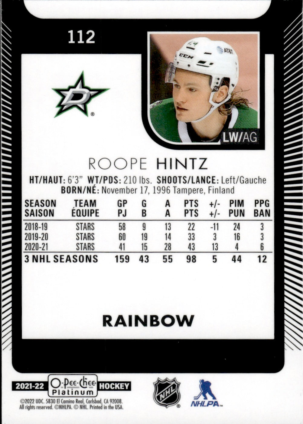 2021-22 Upper Deck O-Pee-Chee Platinum Hockey - Base - Rainbow #112 Roope Hintz - Dallas Stars