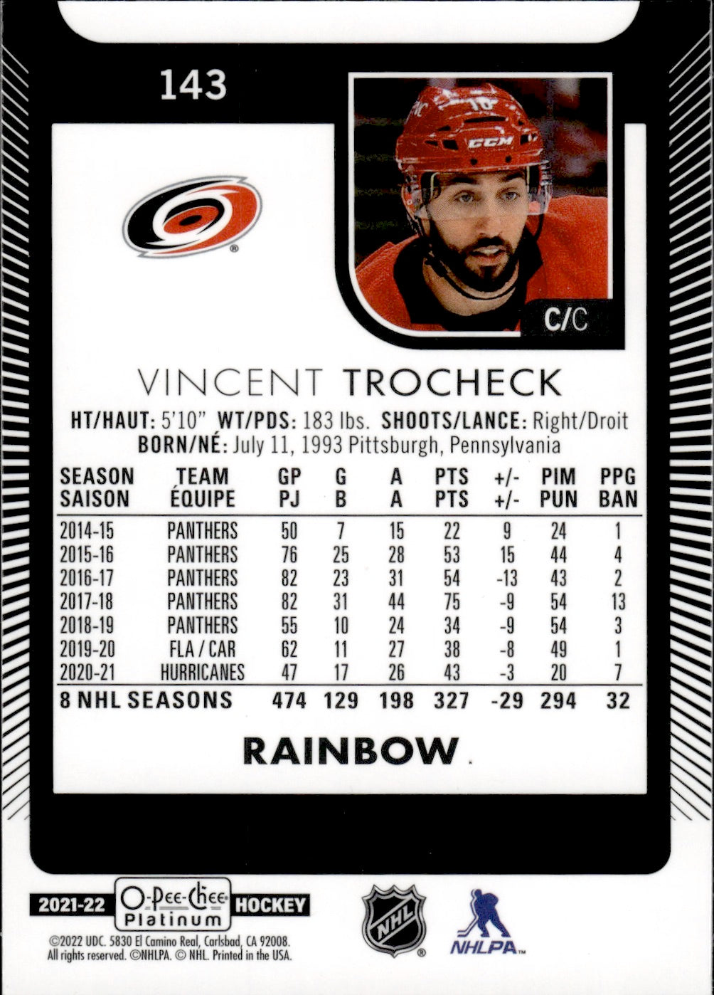 2021-22 Upper Deck O-Pee-Chee Platinum Hockey - Base - Rainbow #143 Vincent Trocheck - Carolina Hurricanes