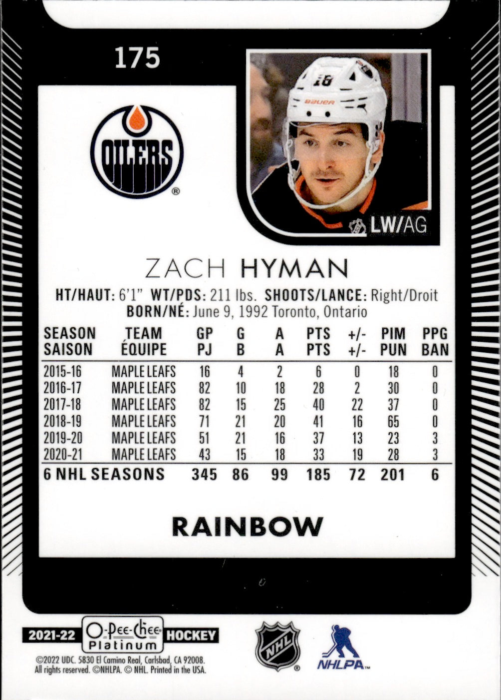 2021-22 Upper Deck O-Pee-Chee Platinum Hockey - Base - Rainbow #175 Zach Hyman - Edmonton Oilers