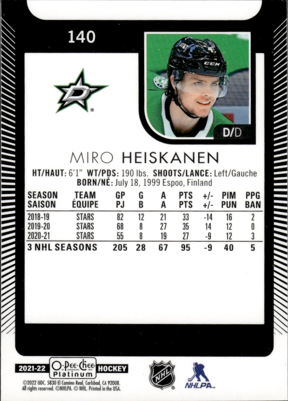 2021-22 Upper Deck O-Pee-Chee Platinum Hockey - Base #140 Miro Heiskanen - Dallas Stars