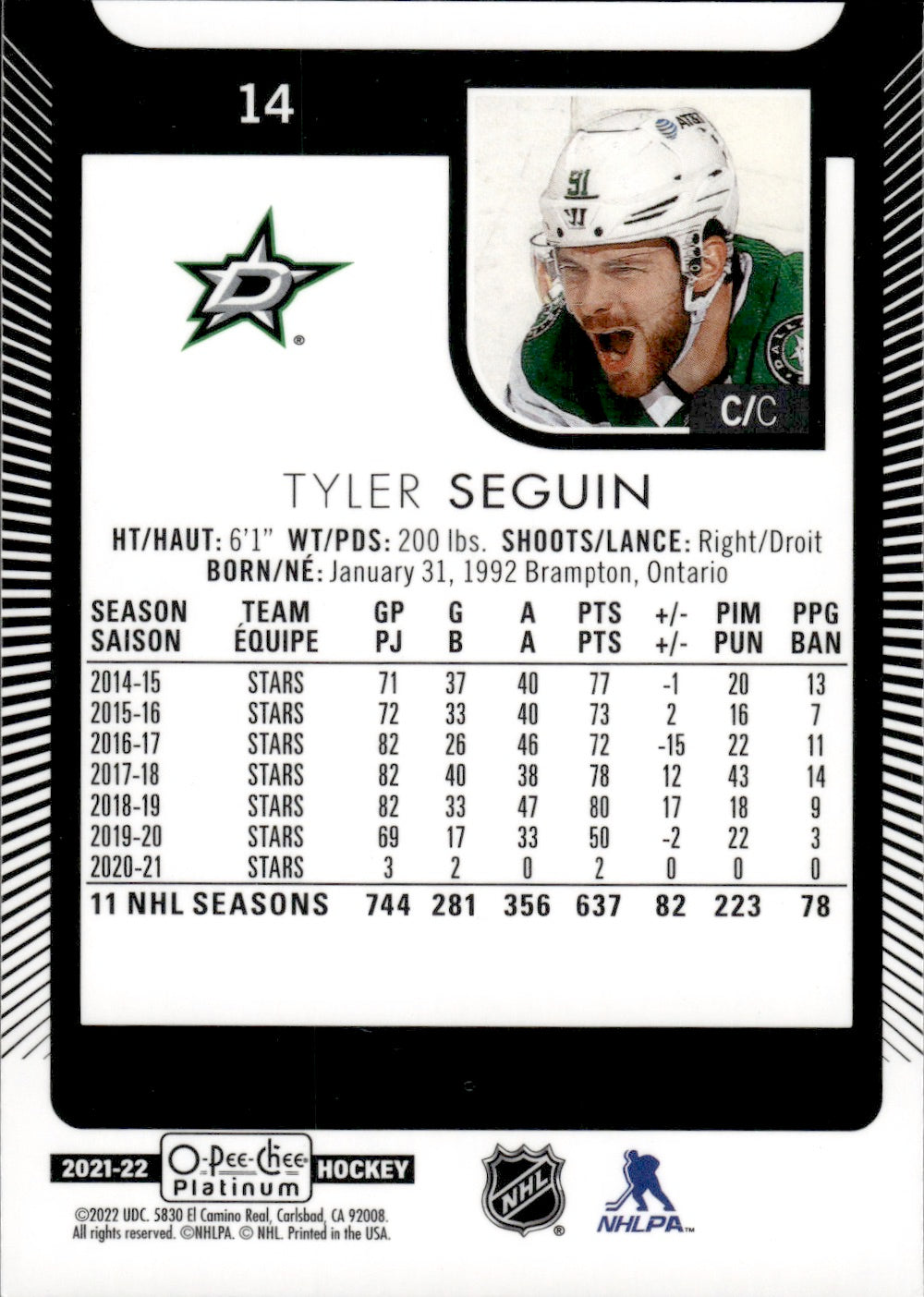 2021-22 Upper Deck O-Pee-Chee Platinum Hockey - Base #14 Tyler Seguin - Dallas Stars