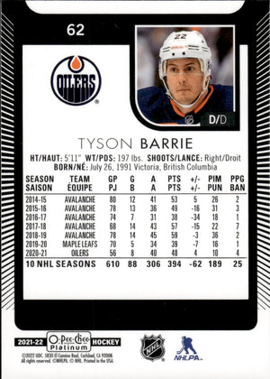 2021-22 Upper Deck O-Pee-Chee Platinum Hockey - Base #62 Tyson Barrie - Edmonton Oilers