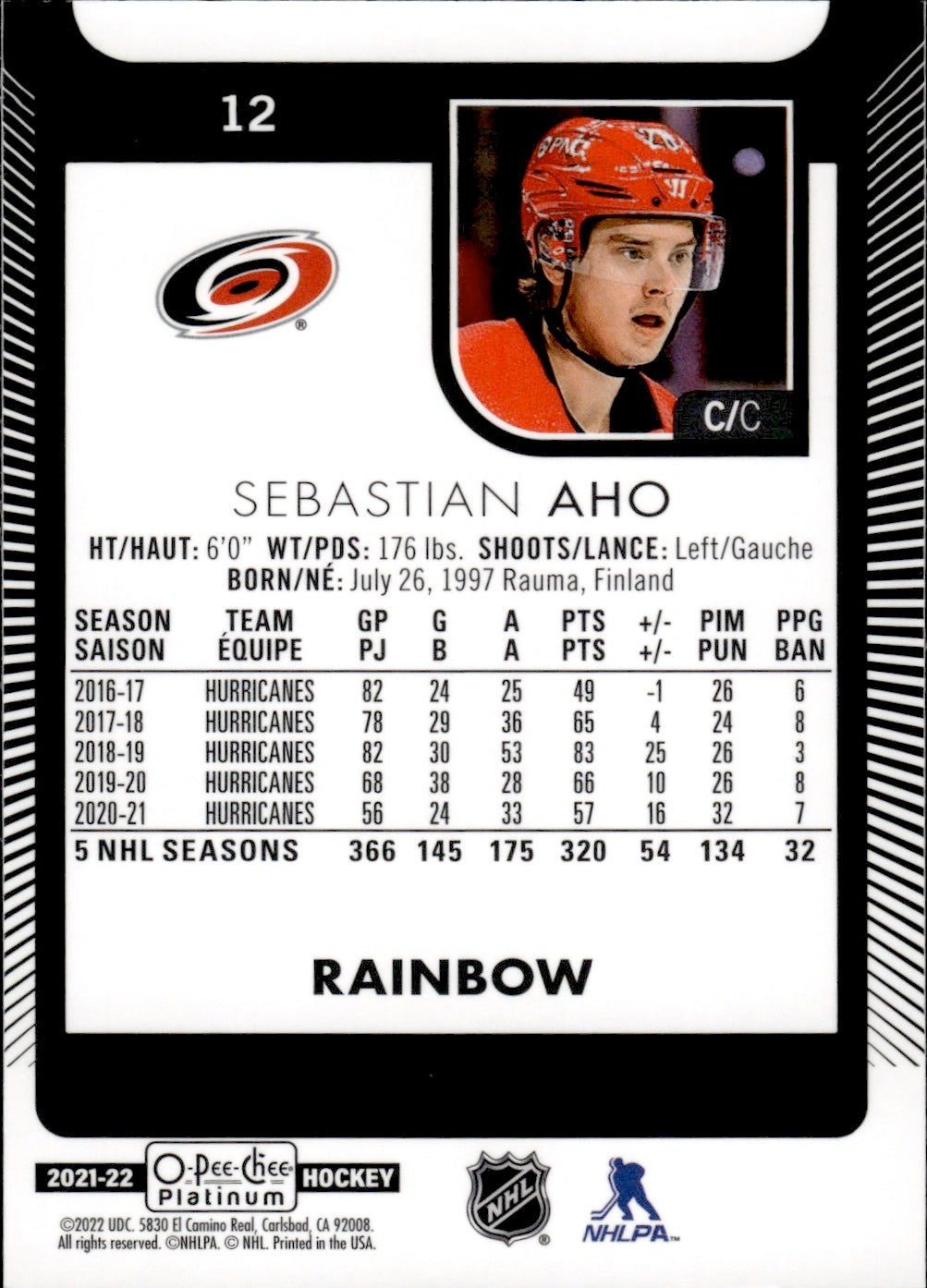 2021-22 Upper Deck O-Pee-Chee Platinum Hockey Base Rainbow #12 Sebastian Aho - Carolina Hurricanes