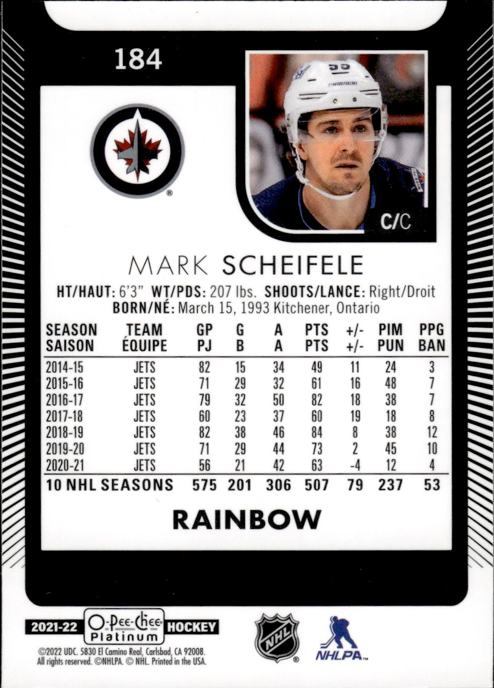 2021-22 Upper Deck O-Pee-Chee Platinum Hockey Base Rainbow #184 Mark Scheifele - Winnipeg Jets