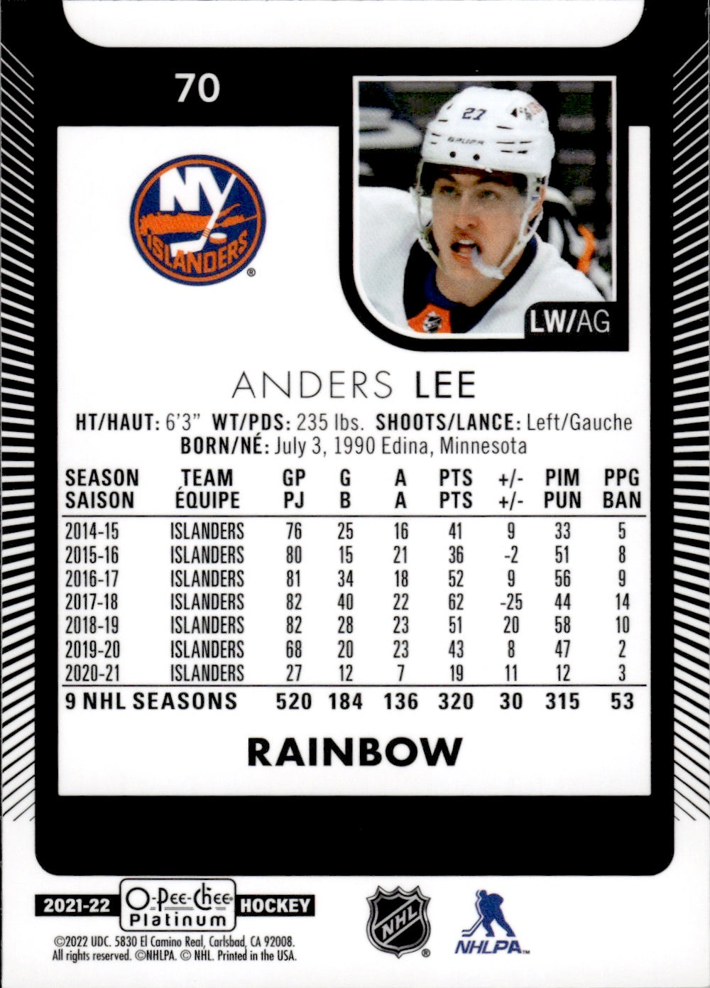 2021-22 Upper Deck O-Pee-Chee Platinum Hockey Base Rainbow #70 Anders Lee - New York Islanders