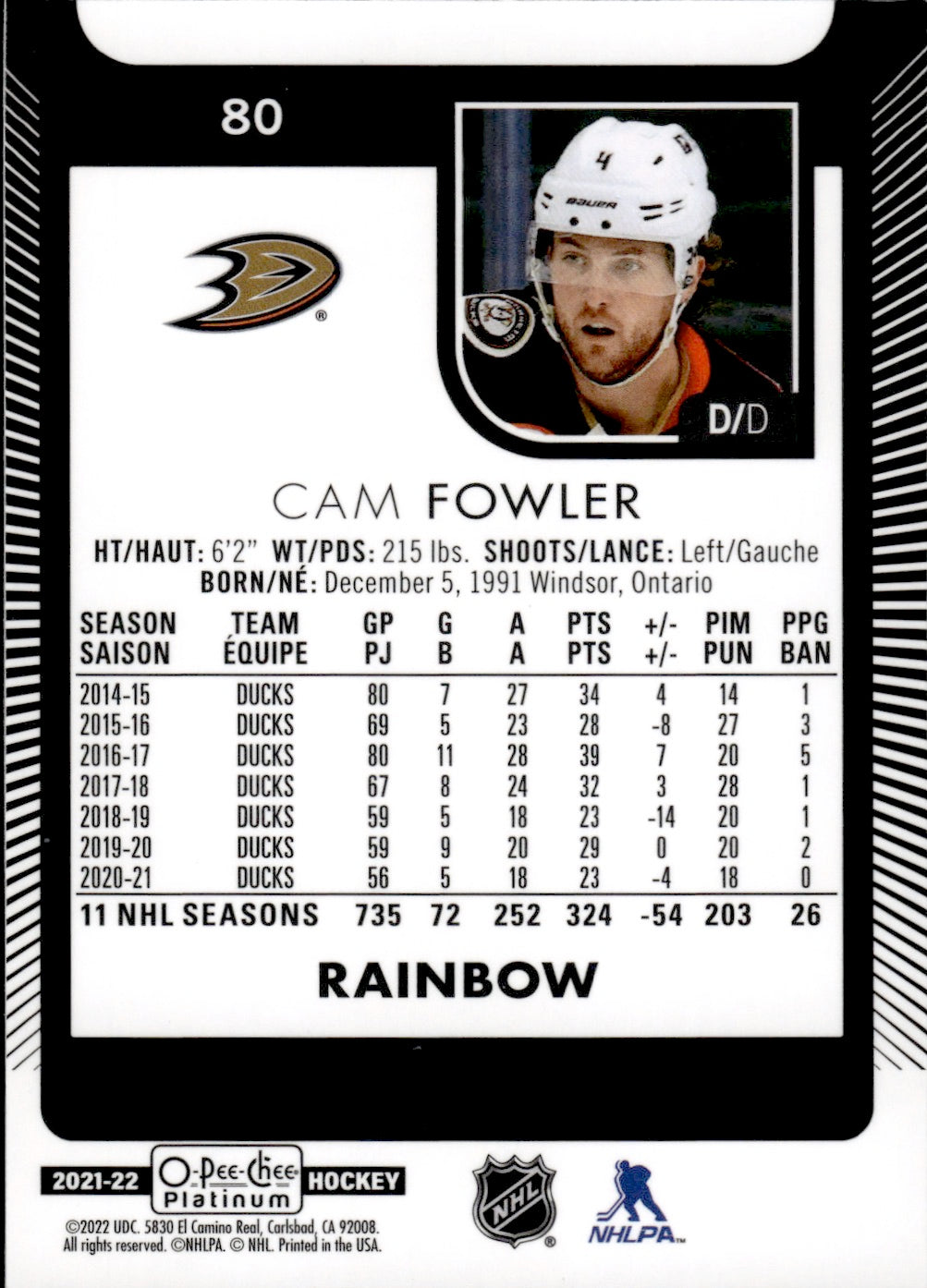 2021-22 Upper Deck O-Pee-Chee Platinum Hockey Base Rainbow #80 Cam Fowler - Anaheim Ducks