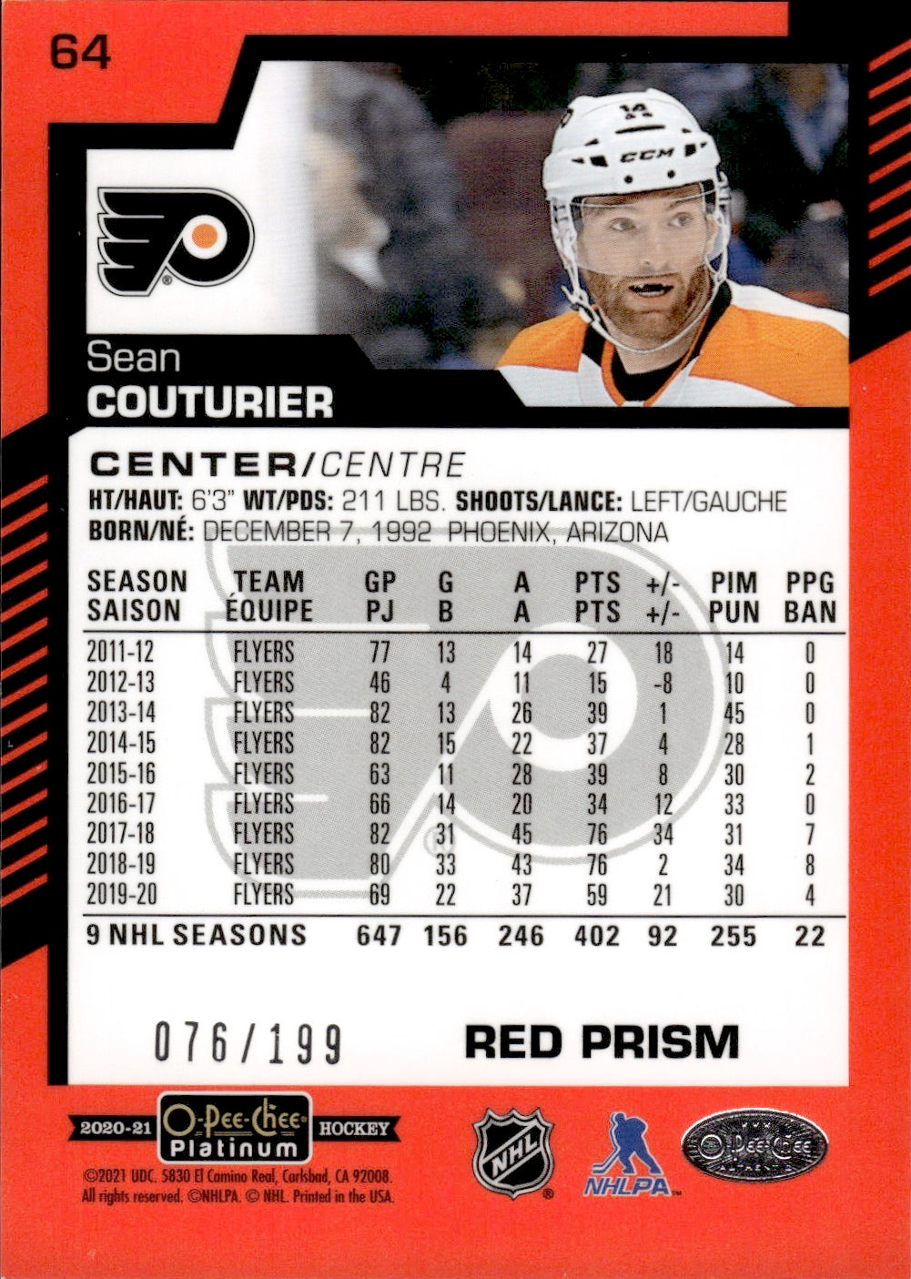 2021-22 Upper Deck O-Pee-Chee Platinum Hockey Base Red Prizm /199 #64 Sean Couturier - Philadelphia Flyers