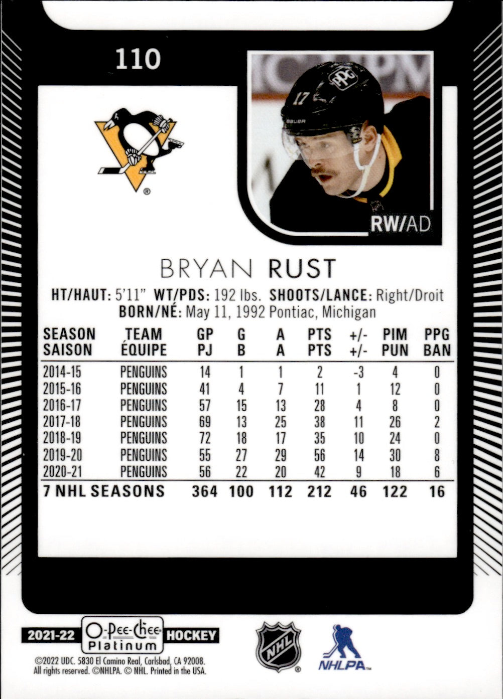 2021-22 Upper Deck O-Pee-Chee Platinum Hockey Base #110 Bryan Rust - Pittsburgh Penguins