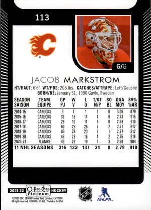 2021-22 Upper Deck O-Pee-Chee Platinum Hockey Base #113 Jacob Markstrom - Calgary Flames