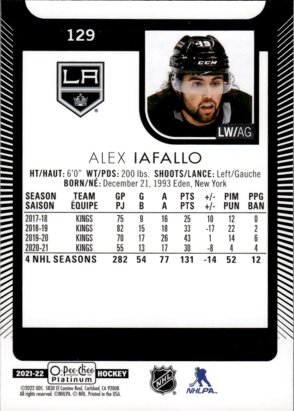 2021-22 Upper Deck O-Pee-Chee Platinum Hockey Base #129 Alex Iafallo - Los Angeles Kings