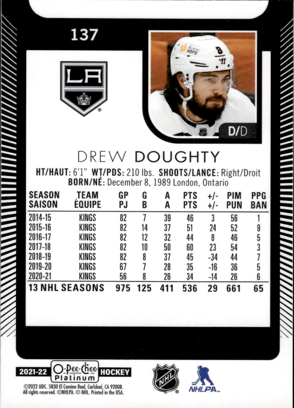 2021-22 Upper Deck O-Pee-Chee Platinum Hockey Base #137 Drew Doughty - Los Angeles Kings