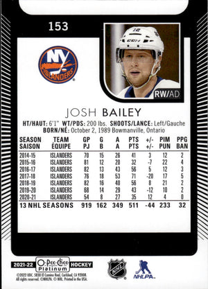 2021-22 Upper Deck O-Pee-Chee Platinum Hockey Base #153 Josh Bailey - New York Islanders