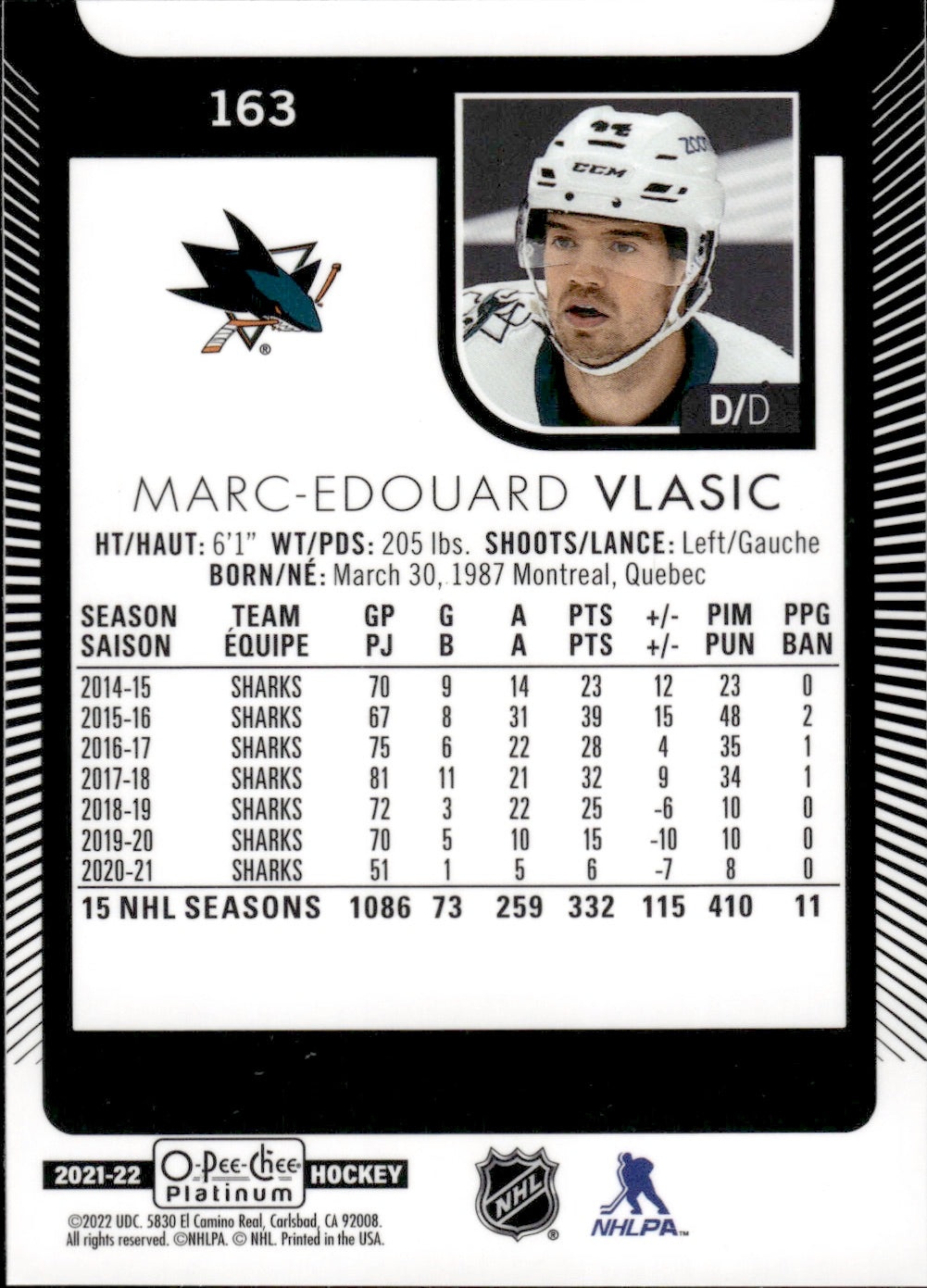 2021-22 Upper Deck O-Pee-Chee Platinum Hockey Base #163 Marc-Edouard Vlasic - San Jose Sharks