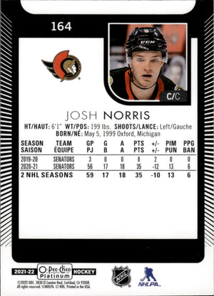 2021-22 Upper Deck O-Pee-Chee Platinum Hockey Base #164 Josh Norris - Ottawa Senators