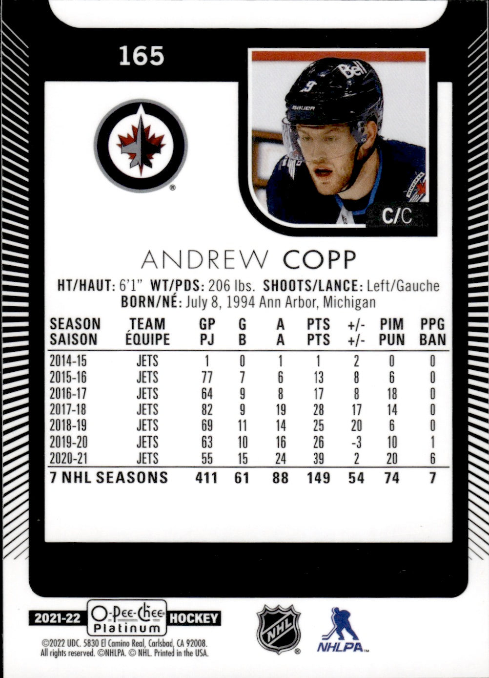 2021-22 Upper Deck O-Pee-Chee Platinum Hockey Base #165 Andrew Copp - Winnipeg Jets