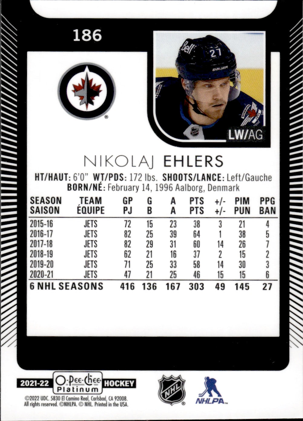 2021-22 Upper Deck O-Pee-Chee Platinum Hockey Base #186 Nikolaj Ehlers - Winnipeg Jets